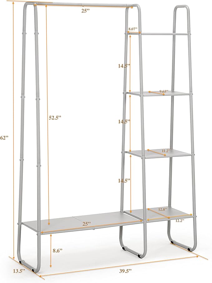 SunnyPoint Open Closet Garment Rack with 4-Tier Shelves & Bottom Storage Shelf, Freestanding Open Wardrobe Clothes Rack Organizer with Hanging Rod for Bedroom Closet. (OFF-WHITE)