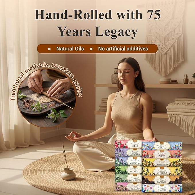 Tulasi Natural Incense Sticks Assorted/Variety Pack – 180 Hand-Rolled Sticks, 12 Fragrances | Lavender, White Sage, Sandalwood, Palo Santo, Rose | Aromatherapy & Meditation
