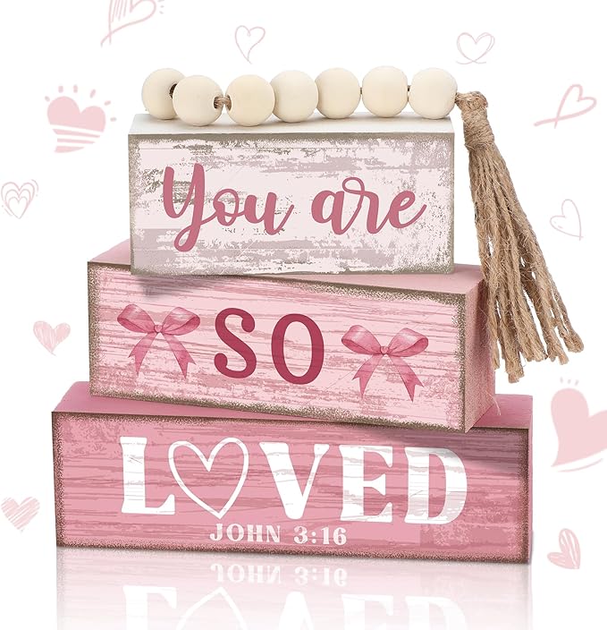 Yuntau 4 Pcs Pink Bow Decoration Christian Gifts for Women Wooden You Are So Love Farmhouse Tiered Tray Decor Inspirational Bible Verse Quotes Block Sign Table Centerpiece for Desk Shelf Room