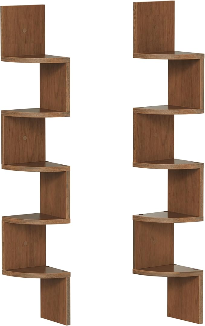 HOOBRO Corner Shelf Wall-Mounted, Set of 2 Floating Corner Shelves for Wall, 5-Tier Corner Bookshelves for Living Room, Bedroom, Bathroom, Home Office, Walnut WL26BJP201
