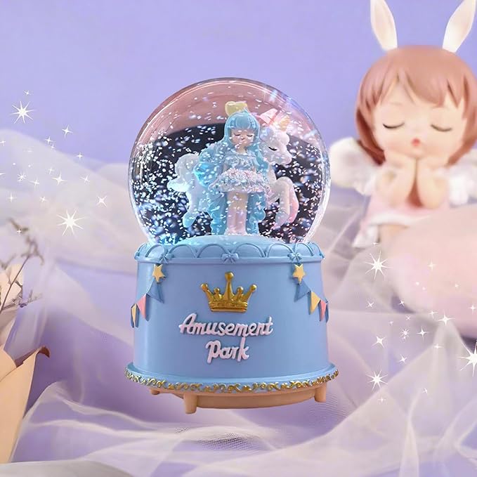 Unicorn Snow Globes for Girl,6.5IN Blue Music Snowglobes with LED Lights and Automatic Snowfall,Home Decor Glass Ball for Kids Bedroom Birthday for 5-18 Year Old Girl(6.5x4.1IN