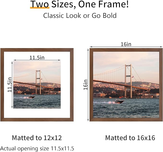 16x16 Picture Frame 3 Pack - Brown Poster Frame Display Pictures 12x12 with Mat or 16 x 16 Without Mat for Wall Hanging Horizontal and Vertical