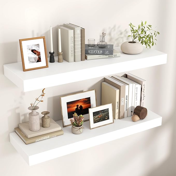 Venusmiles Floating Shelves for Wall, 40" W x 12" D x 2" H, 2 Pack of Long Wall Mounted Engineered Wood Shelves with Invisible Brackets for Living Room, Bedroom, Bathroom, Kitchen Decor, White