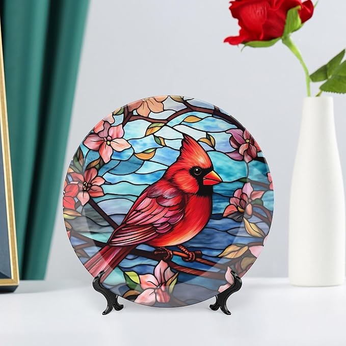 Cardinal Bird Colorful Stained Glass Painting Decorative Plates Home Decor Ceramic Plates, Dinner Plates Display for Kitchen, Hallway Console Side Table, Presents for Loss of Loved, 8 Inch
