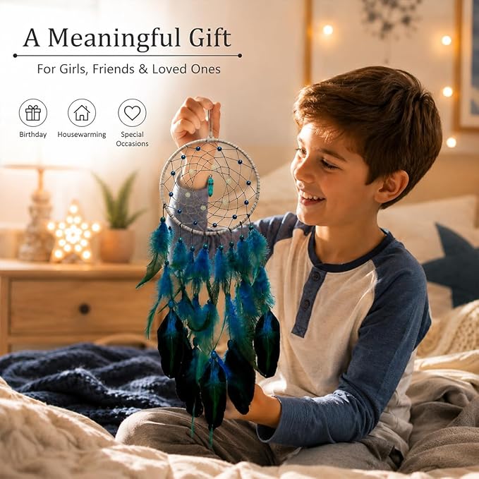 Blue Dream Catchers Luminous Dream Catcher for Boys Girls Kids Bedroom Handmade Nature Feather Decor Wall Hanging