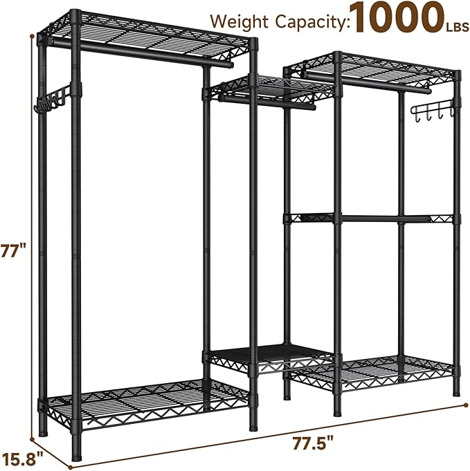 Heavy Duty Garment Rack Clothes Rack,Large Metal Closet Organizer System Storage Wardrobe,Freestanding Clothing Rack Black 15.75" D x 77.5" W x 77" H