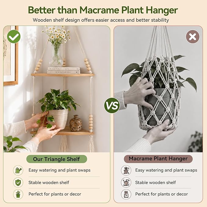 Artilady Macrame Wall Hanging Corner Shelf 2-Tier, Adjustable Boho Stable Shelves Display for Indoor Plants Candle Holder, Rustic Bedroom Living Room Home Decor (Beige Weave 2-Tier)
