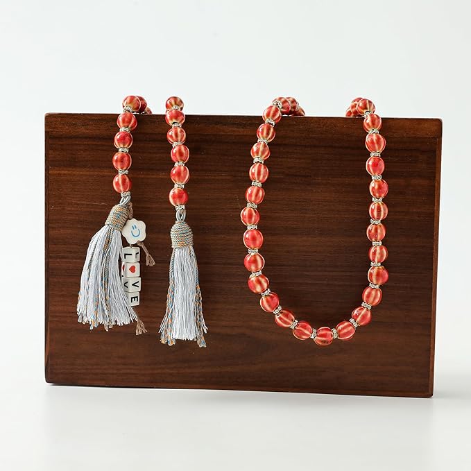 Farmhouse Ceramic Beads 50in Handcrafted Colors Bead Garland with Tassels Rustic Decor Prayer Boho Beads Big Wall Hanging and Coffee Table Decor Red Bead