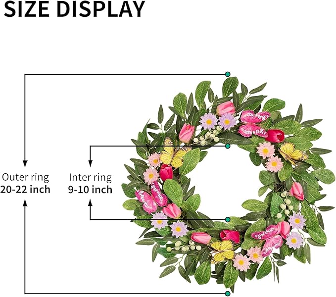 Artificial Spring Summer Wreaths with Tulips Daisies Butterflies Berries Olive Green Leaves Handmade Floral Wreath for Front Door Farmhouse Indoor Outdoor Wedding Home Decor