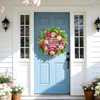 Spring Summer Wreaths for Front Door Outside, 24 Inch Peony & Rose Floral Summer Wreath with Pink Peach Farmhouse Door Decor, Spring Wreaths for Front Door, Spring Door Wreath for Front Door Outside