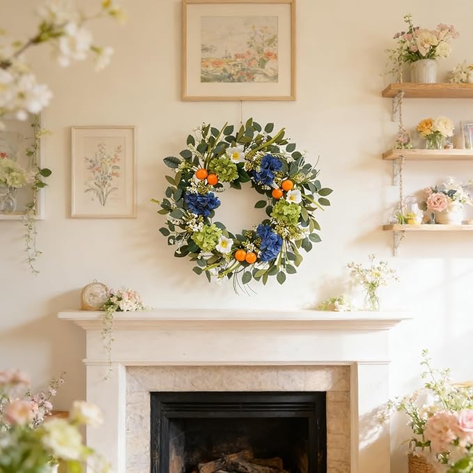 Idyllic 22 Inch Spring Wreath Blue Green Hydrangea with Orange Berries White Flowers Front Door Window Mantel Wedding Home Decor