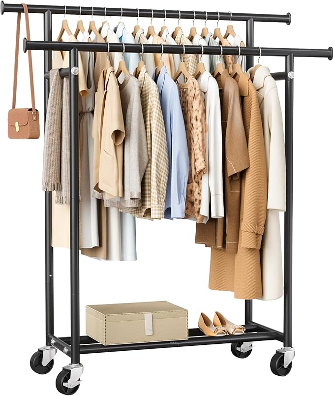 Clothes Rack, Double Rods Rolling Clothing Rack for Hanging Clothes, Portable Garment Rack with Wheels, Coat Rack Wardrobe Closet Load 240 LBS for Bedroom Laundry Room, Black
