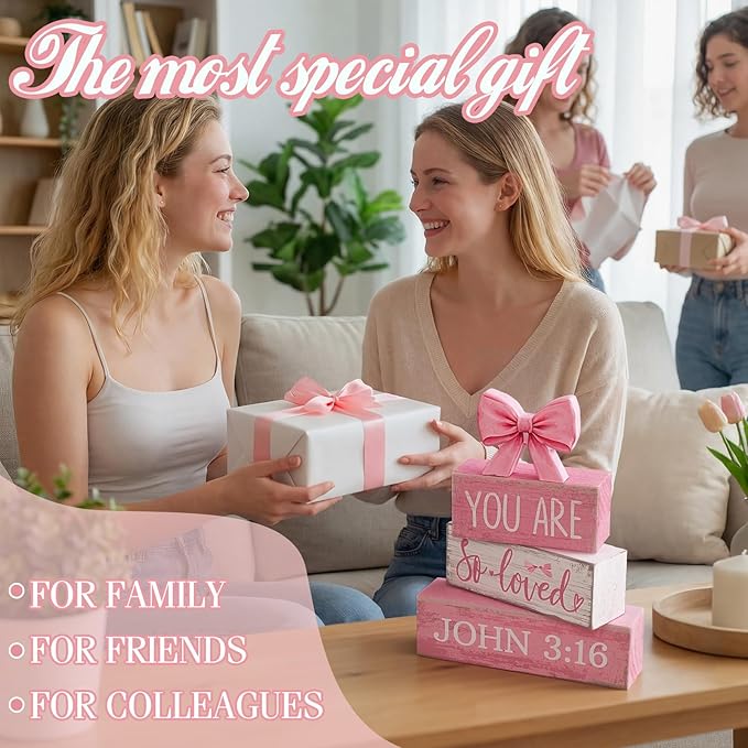 Lineshading 4 Pcs Pink Bow Decor Christian Table Decor Wooden Block Signs Set "you Are So Loved John 3: 16” Inspirational Bible Verse Quotes Coquette Bow Centerpieces for Home Office Shelf Decorations