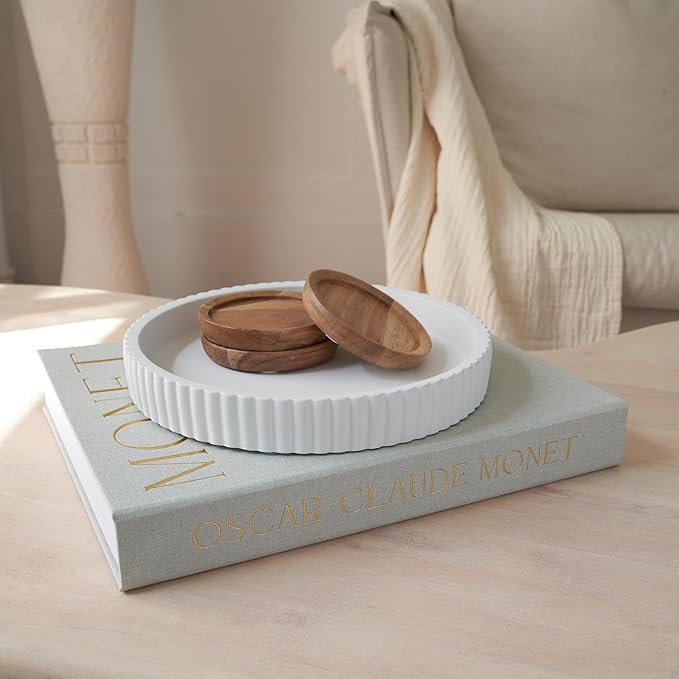 Decorative Concrete Tray & Book Decor Set - Scalloped Tray & Linen Box Enhance Your Coffee Table or Bookshelf Decor - Stylish Home Decoration for Your Living or Dining Room & as a Housewarming Gift