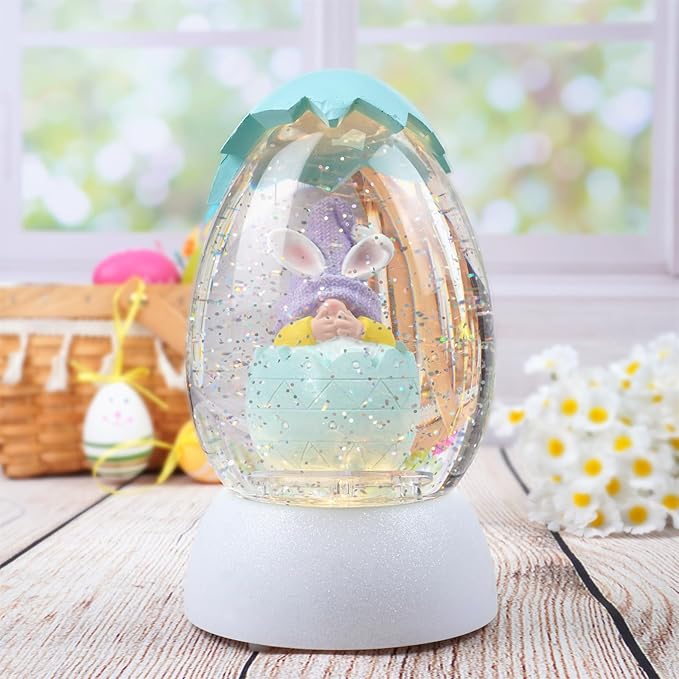 Gnome Easter Snow Globe, Easter Bunny Snow Globe Eggs Spring Decor with Swirling Glitter, 6H Timer, USB or Battery Powered, Speak No Evil Gnome Snowglobe for Tabletop Decor Gift 7.4 Inch (Blue)