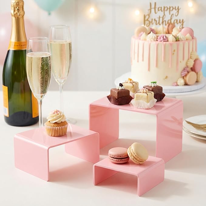 Chuangdi 2 Sets Acrylic Display Risers, Product Stand, Jewelry Display Riser Shelf Showcase Fixtures for Dessert Cupcake Candy Figure Treat Action Showcase(Pink,Small Set)
