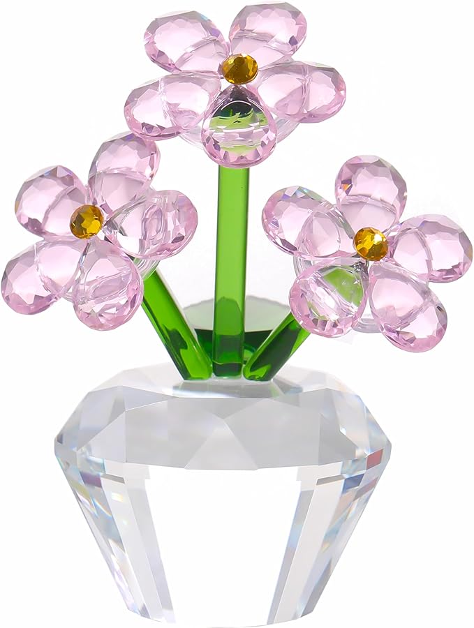 Qianwei Pink Forget Me Not Crystal Flowers - Sympathy Glass Flowers Collectible Figurines Decor Paperweight Ornament Home Office Table Desk Decorations