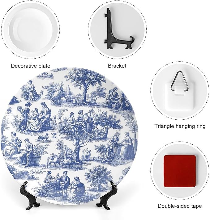 Navy Blue White Decorative Toile Print Decorative Plate of 6", 7", 9", 10", Customize Design Collector Plates, Kitchen Art Decoration Decorations Office, Unique Art with Stand
