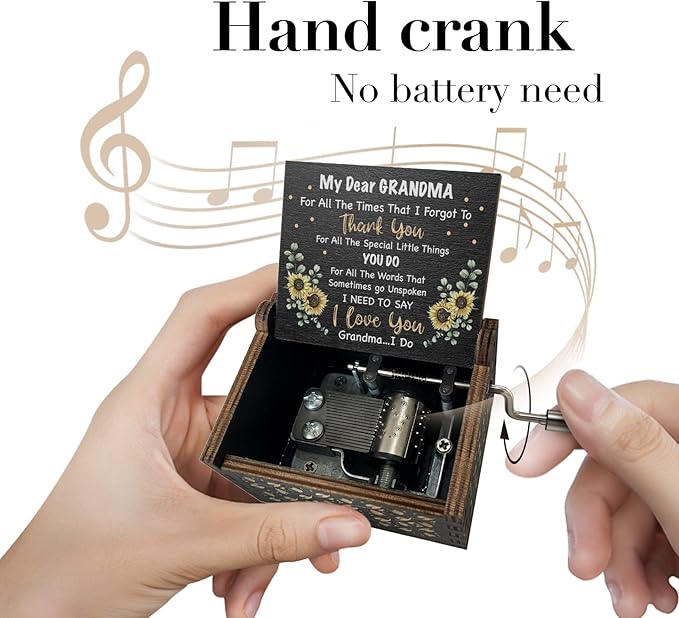 Music Box Gifts for Grandma You are My Sunshine Hand Crank Engraved Wooden Musical Boxes Sunflower Gift for Grandmother on Birthday Christmas Mothers Day(Black)