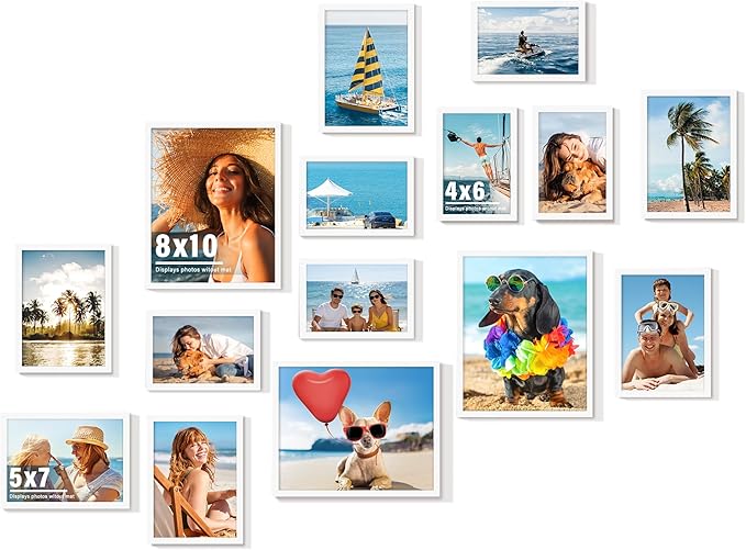 15 Pack Picture Frames Collage Wall Decor, White Frame Set with 3pcs 8x10, 6pcs 5x7, 6pcs 4x6 for Gallery Display, Wall Mounting & Tabletop, Bulk Photo Frames for Living Room Decor