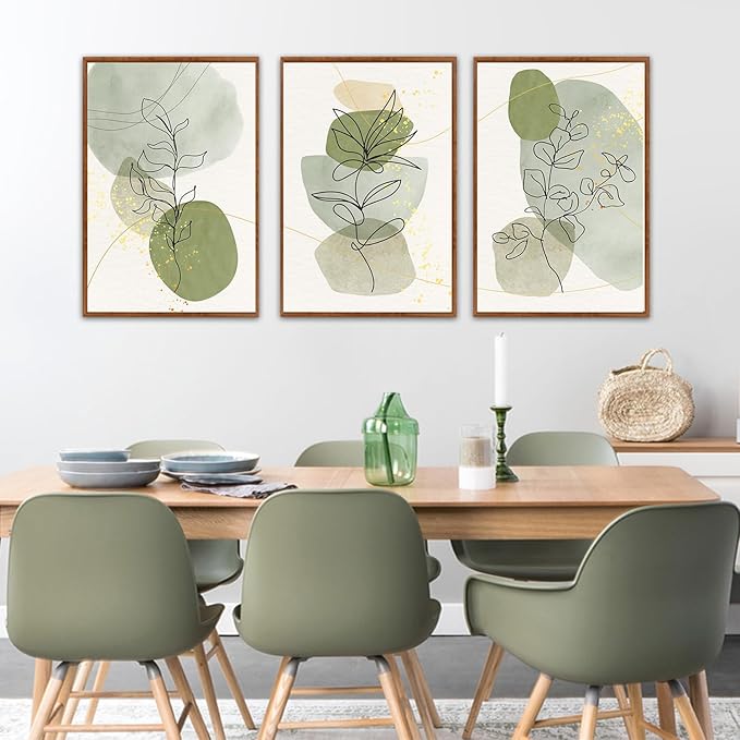 KAlRNE Boho Botanical Framed Canvas Wall Art Set of 3(24”X36”),Abstract Sage Green Wall Decor,Minimalist Watercolor Picture,Modern Geometric Black Line Art Prints For Living Room Bedroom Office
