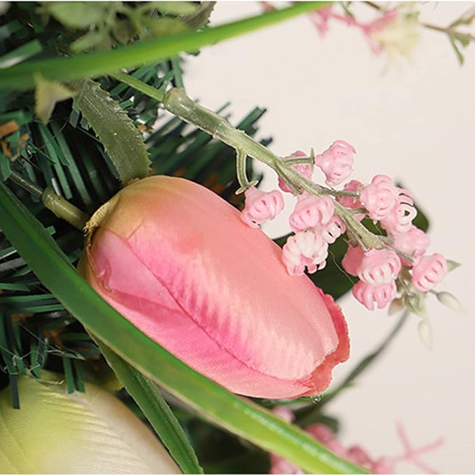 belupai 22in Pink Tulips Teardrop Swag, Decorative Floral Swag with Lily of The Valley Flower and Greenery Leaves, Spring Summer Tulips Swag for Indoor Outdoor Window Decor(Multicolor)