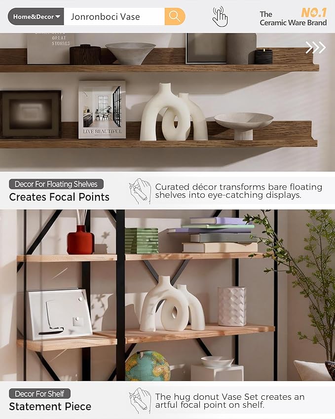 Hug Donut Decorative Vase Set - Modern Nordic Boho Style Vases Home Decor, Matte Ceramic Decorations for Living Room Shelf, Bookshelf Mantle Entryway Table or Console Décor (Cream White)