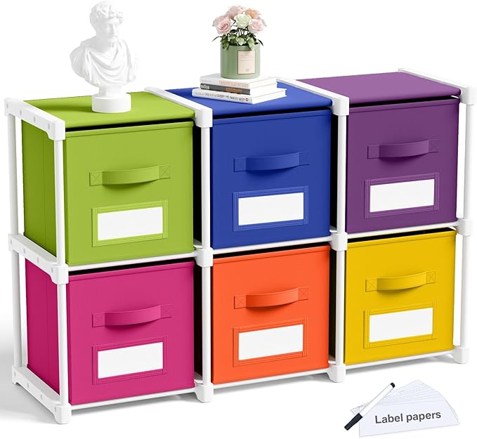 Geelin 6 Cube Toys Storage Organizer with Fabric Bins and Labels, 11 Inch Collapsible Cubby Storage Drawers Colorful Dresser with Shelf for Playroom Nursery Closet Bedroom Dorm Decor