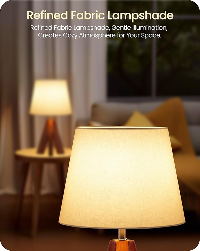 Small Tripod Table Lamps Set of 2, Modern Nightstand Lamp with Fabric Shade, Boho Bedside Wood Desk Light for Bedroom, Kids Room, Living Room, Office, Study, Dark Wood and White, LW51TLP205