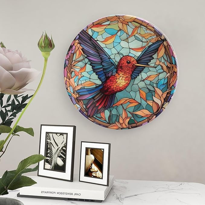 Colorful Stained Glass Design Hummingbird Decorative Plates Home Decor Ceramic Plates, Dinner Plates Display for Kitchen, Hallway Console Side Table, Presents for Hummingbird Lovers, 8 Inch