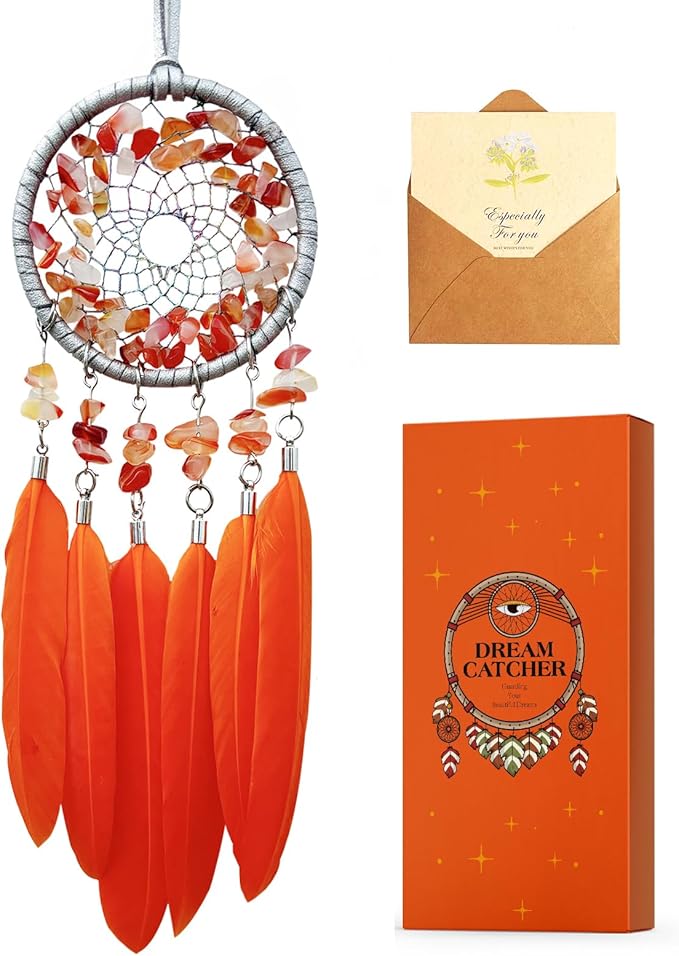 Mini Dream Catcher for Car Orange, Car Charms for Rear View Mirror Small Dream Catchers for Adults Crystal Home Wall Decor
