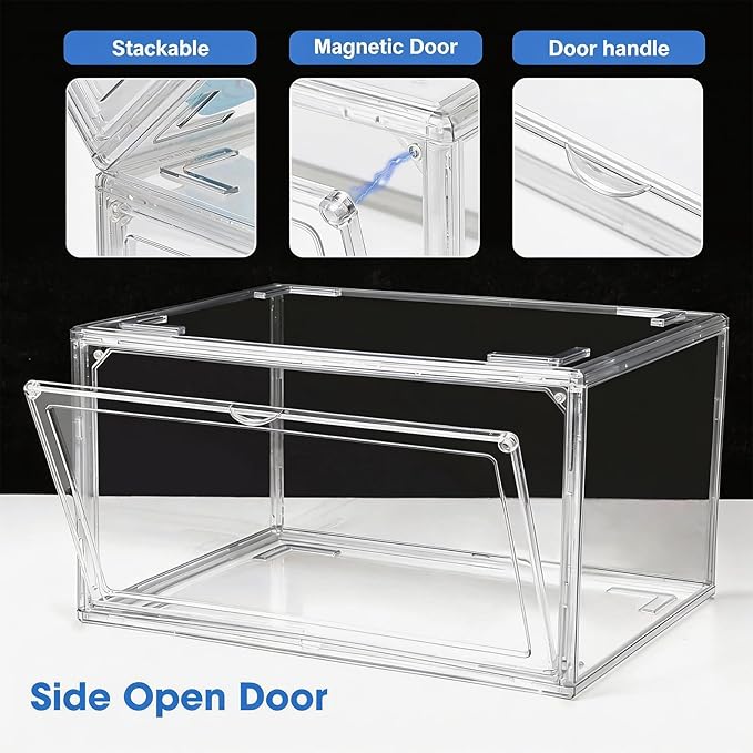 HIYOHIYO 2-Pack Acrylic Clear Stackable Shoe Boxes, 360 Clear Acrylic Display Shoes Boxes, Fully Transparent Display Box with Magnetic Door, Clear Shoe Storage Boxes Stackable, Size 14