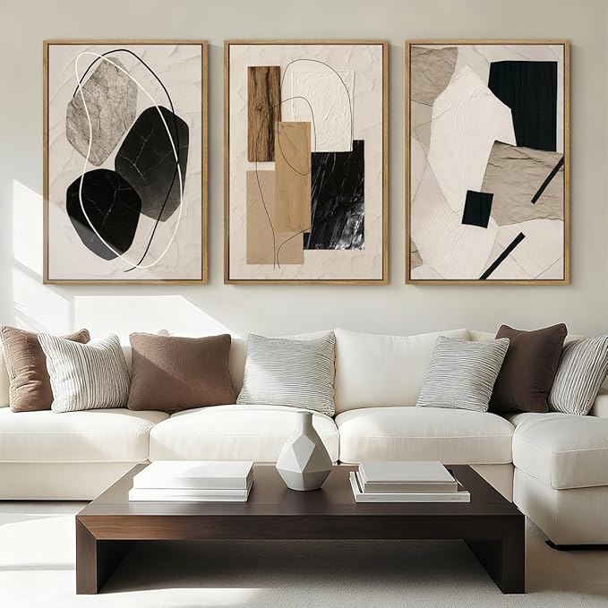 BINCUE Abstract Modern Wall Art Framed Neutral Wall Paintings Elegant Modern Artwork Abstract Neutral Wall Pictures for Living Room Bedroom Bathroom Office 16x24 Inch Set of 3 Gift