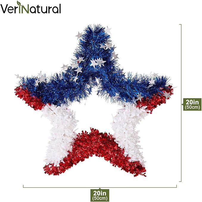 VeriNatural 4th of July Decorations - 19" Patriotic Red White and Blue Star Garland - Independence Day Tinsel Garland for Indoor Outdoor,Golf Cart, Party,Door and Wall Hanging Decor