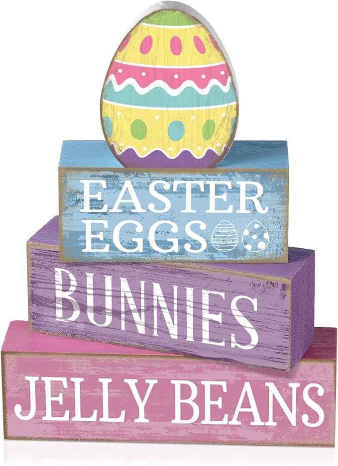 Lineshading 4 Pcs Easter Table Decoration Wooden Pastel Egg - No Assembly Required Reusable Happy Easter Tiered Tray Decor, Perfect for Home Kitchen Shelf Party Farmhouse Centerpieces & Holy Week Gift