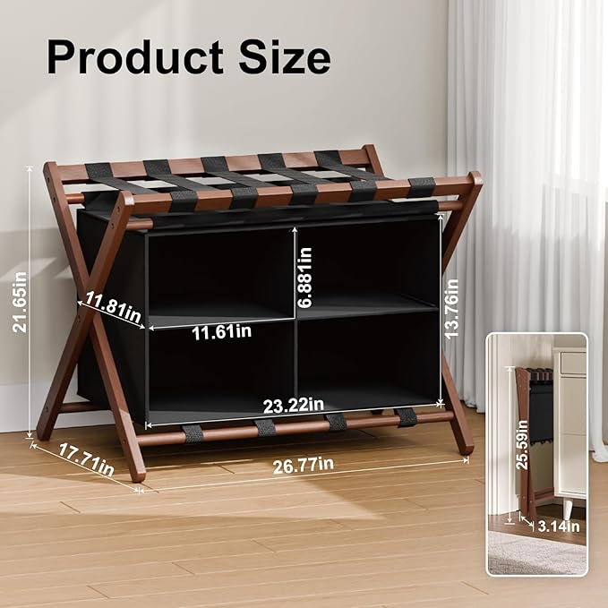 Bamboo Luggage Rack For Guest Room with 4 Storage Compartments, Foldable Suitcase Stand for Guest Room, 150lbs Capacity, Sturdy, Space-Saving and Easy to Assemble Organizer