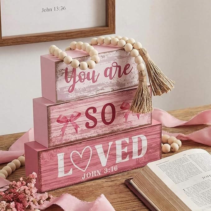 Yuntau 4 Pcs Pink Bow Decoration Christian Gifts for Women Wooden You Are So Love Farmhouse Tiered Tray Decor Inspirational Bible Verse Quotes Block Sign Table Centerpiece for Desk Shelf Room