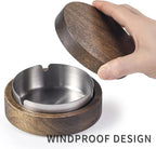 Wooden Ashtray with Lid for Smokers Stainless Steel Liner Ash Tray Windproof Durable Easy to Clean Cool Ashtrays for Indoor or Outdoor Use, Patio, Office & Home