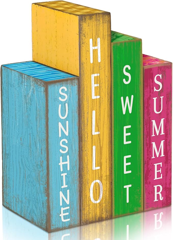 Lineshading 4 Pcs Summer Table Decoration Wooden Book Hawaii Beach Decoration Blue Yellow and Red Summer Tiered Tray Decor Wood Book Sign Farmhouse for Hawaii Party Home Shelf Coffee Table