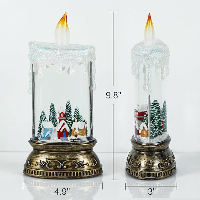 Christmas Snow Globe Candle with Timer & Music, Snowy Cabin Scene, Swirling Glittering Candle Shaped Snow Lantern, USB/Battery Operated Lighted Lantern for Christmas Decoration