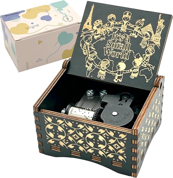 Pursuestar Black Wooden Wind Up Music Box - It's a Small World, Vintage Engraved Wood Mechanism Musical Gifts for Anniversary Mother's Day Valentine's Day Christmas Thanksgiving Birthday