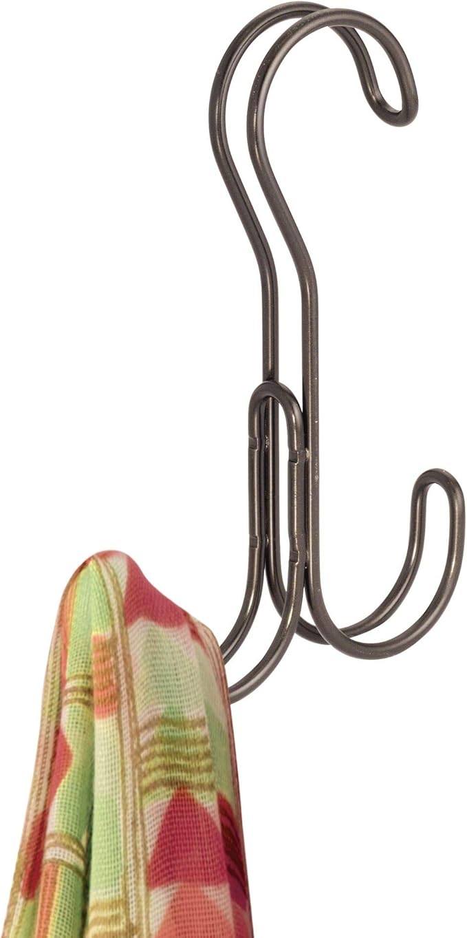 iDesign Classico Metal Over the Rod Dual Hooks, Closet Accessory Organizer for Ties, Belts, Scarves, Handbags, Jewelry, 0.8" x 3.9" x 6.1", Bronze