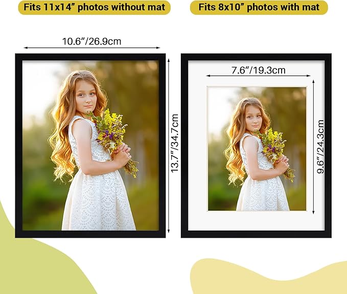 Rempry 11x14 Picture Frame, Display Pictures 8x10 with Mat or 11x14 Without Mat, Wall Hanging or Tabletop Photo Frame with Shatter Resistant Plexiglass, Black, 1 Pack