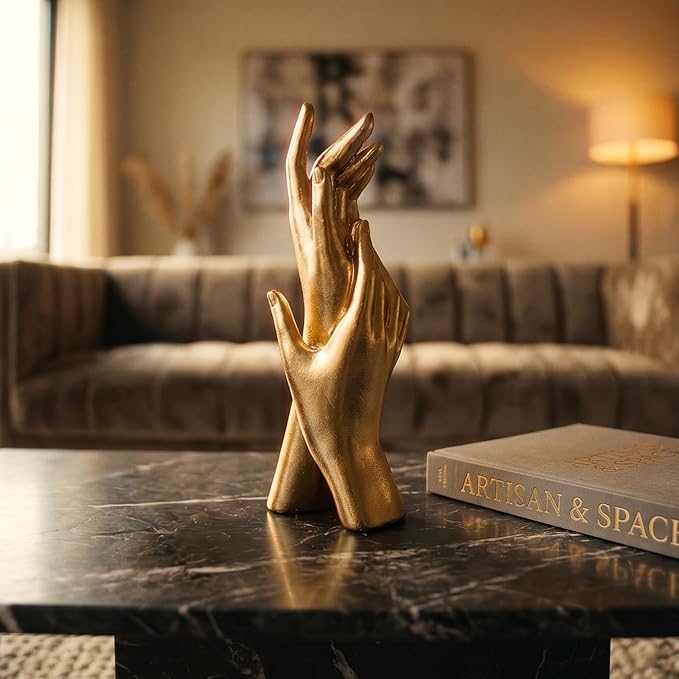 Golden Hands Sculpture - Elegant Resin Statues for Aesthetic Shelf Decor, Office Desktop & Cabinets | 3.54" D x 2.36" W x 9.06" H, Interlocking Hands