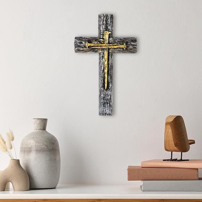 NCPLYGOU Crucifix Wall Cross, Catholic Cross for Wall with Metal Hook, Layered Wood Like Resin Crosses Wall Decor for Church Office Home Baptism, Jesus Wall Art Christian Gifts, Father's Day