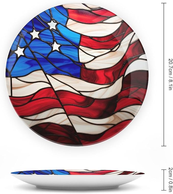 Blue Red USA Flag Stained Glass Painting Decorative Plates Home Decor Ceramic Plates, Dinner Plates Display for Living Room, Kitchen, Hallway Console Side Table, Presents for Patriotic, 8 Inch