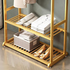Gold Clothing Rack,Metal Garment Rack with Bottom Storage Shelves and 6 Side Hooks,modern Sturdy clothes racks for hanging clothes,Freestanding Wardrobe Rack for Bedroom or Boutique (L:39.4IN)