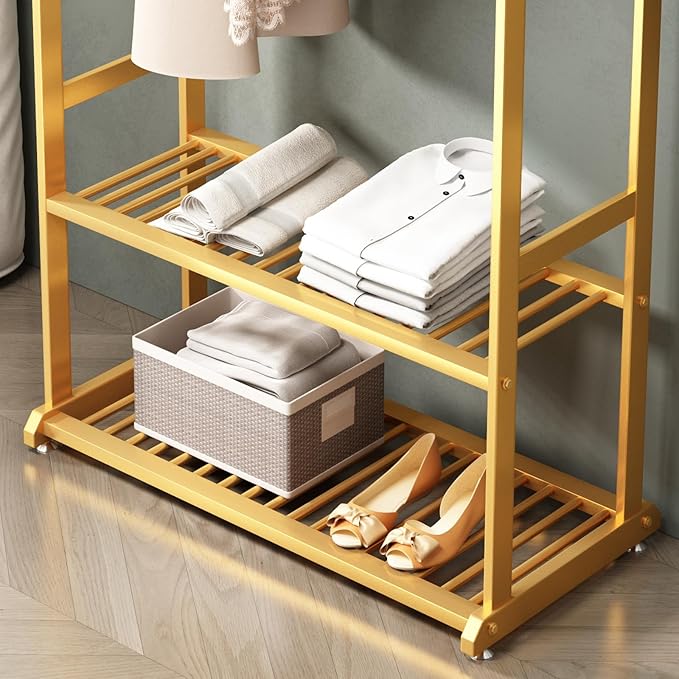 Gold Clothing Rack,Metal Garment Rack with Bottom Storage Shelves and 6 Side Hooks,modern Sturdy clothes racks for hanging clothes,Freestanding Wardrobe Rack for Bedroom or Boutique (L:31.5in)