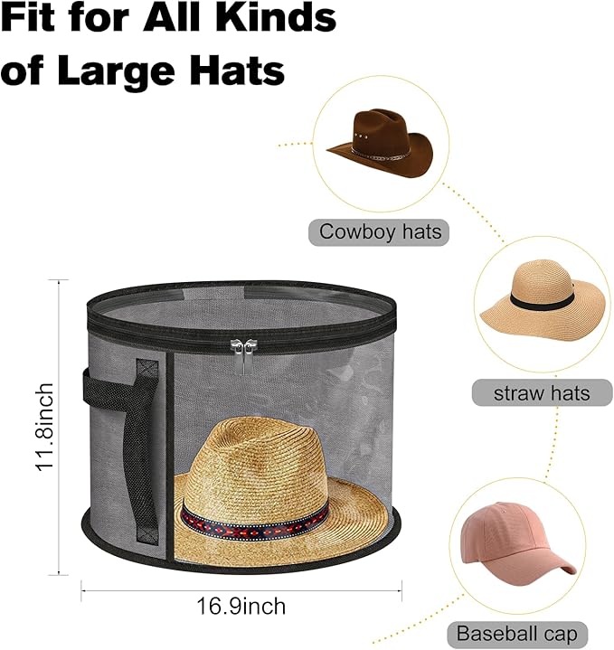 Extra Large Clear Hat Organizer for Travel and Wardrobe, Holds up to 7 Hats, Large Capacity Cowboy Hat Organizer, Oxford Cloth with Carrying Handle, Unisex Hat Box (Gray)