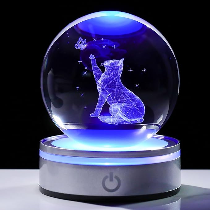 Movdyka Cat Lovers Gifts: 3D Crystal Ball Cat Figurines, Home Office Decor Night Light Snow Globes - 3.15"/8CM